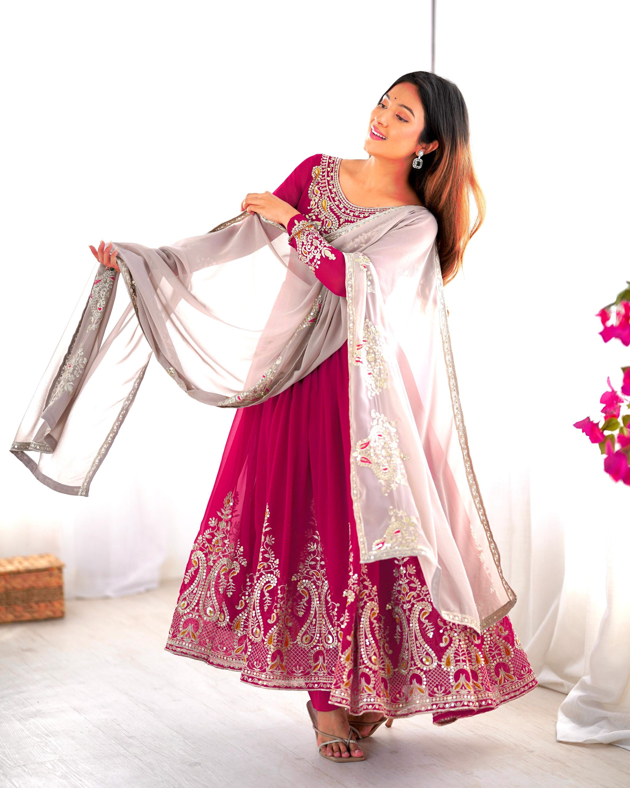 ZF 5008 Pink Georgette Gown with Embroidery Work. Wedding, Party, Festive, Events, Special Price ₹2049. Delivery 4-6 Working Days. Shop now. | Casual Suits, Jump Suits, Creative suits, Designer Suits, Palazzo Suits, Party Wear Suits, Patiala Suits, Salwar suit, Straight Suits