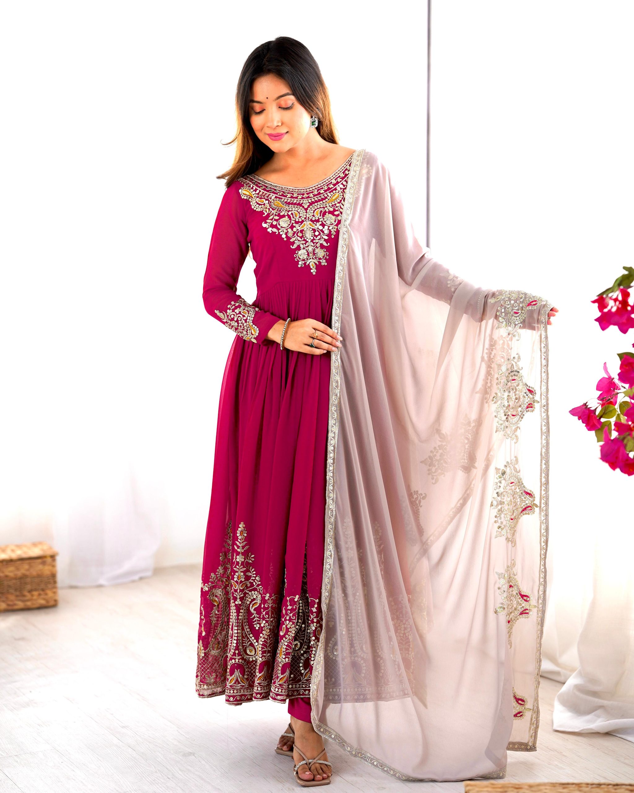 ZF 5008 Pink Georgette Gown with Embroidery Work. Wedding, Party, Festive, Events, Special Price ₹2049. Delivery 4-6 Working Days. Shop now. | Casual Suits, Jump Suits, Creative suits, Designer Suits, Palazzo Suits, Party Wear Suits, Patiala Suits, Salwar suit, Straight Suits