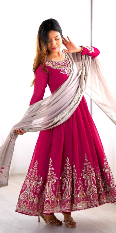 ZF 5008 Pink Georgette Gown with Embroidery Work. Wedding, Party, Festive, Events, Special Price ₹2049. Delivery 4-6 Working Days. Shop now. | Casual Suits, Jump Suits, Creative suits, Designer Suits, Palazzo Suits, Party Wear Suits, Patiala Suits, Salwar suit, Straight Suits