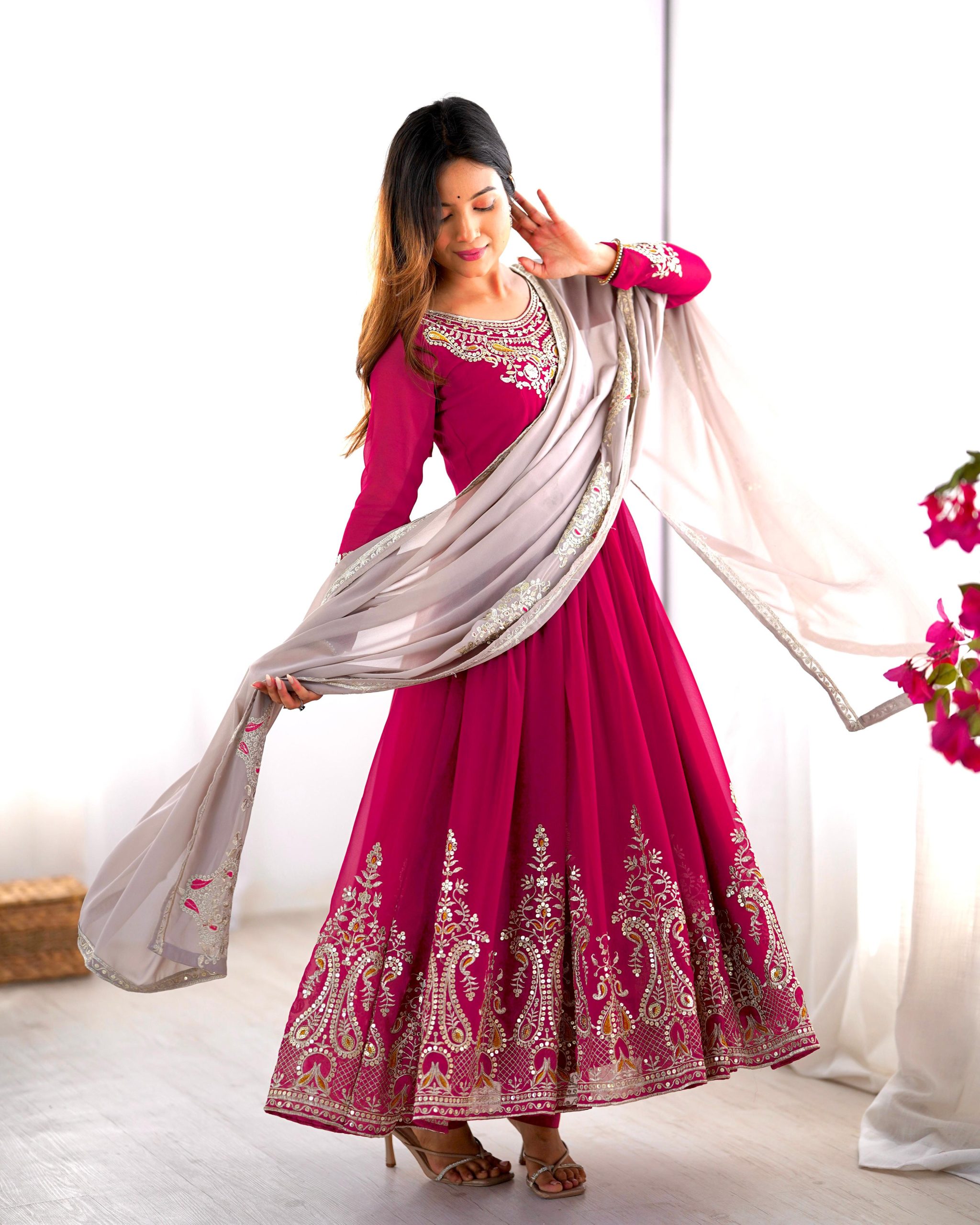 ZF 5008 Pink Georgette Gown with Embroidery Work. Wedding, Party, Festive, Events, Special Price ₹2049. Delivery 4-6 Working Days. Shop now. | Casual Suits, Jump Suits, Creative suits, Designer Suits, Palazzo Suits, Party Wear Suits, Patiala Suits, Salwar suit, Straight Suits