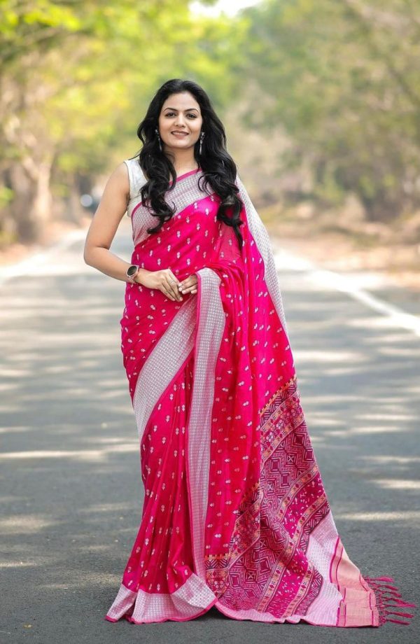 Pink Lichi Silk Border Lace Work Saree
