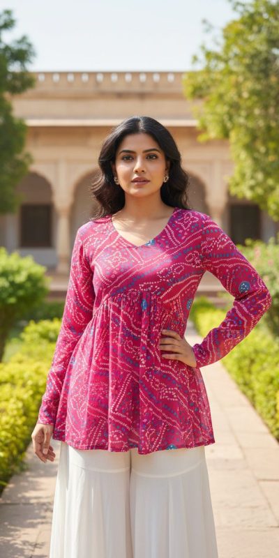 INLI Bandhej Pink Color Pure Georgette Kurti with Designer Work. Wedding, Party, Festive, Events Best Price ₹1349. Delivery 4-6 Working Days. Shop now. | Bollywood Kurti, Creative Kurtis, Designer Kurti, Kurti, Party Wear Kurti, Selfie Kurti