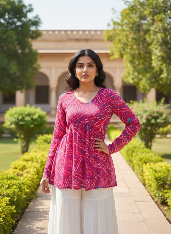 INLI Bandhej Pink Color Pure Georgette Kurti with Designer Work. Wedding, Party, Festive, Events Best Price ₹1349. Delivery 4-6 Working Days. Shop now. | Bollywood Kurti, Creative Kurtis, Designer Kurti, Kurti, Party Wear Kurti, Selfie Kurti