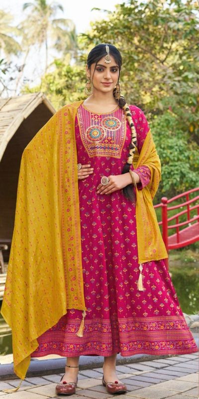 Pink Rayon Embroidery Work Gown