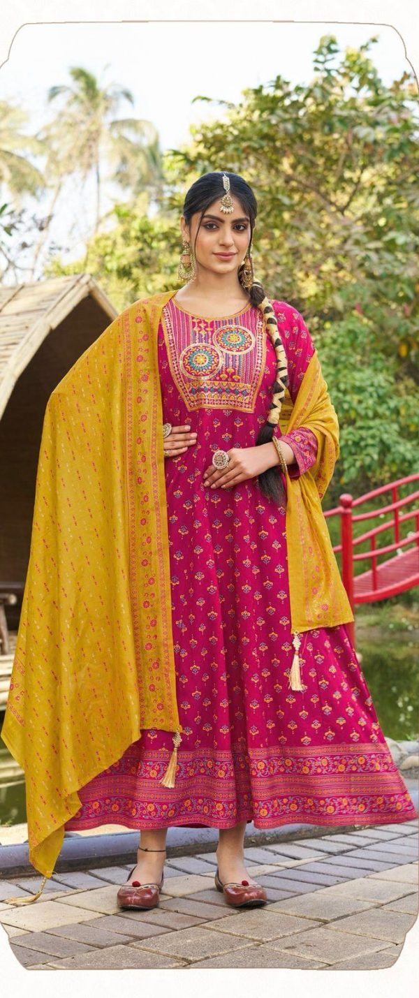 Pink Rayon Embroidery Work Gown