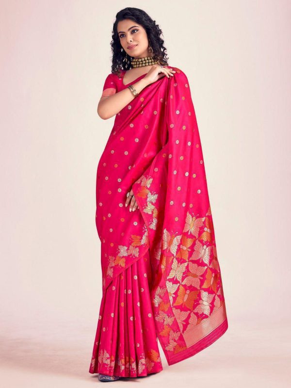 Pink Soft Lichi Silk Border Lace Work Saree