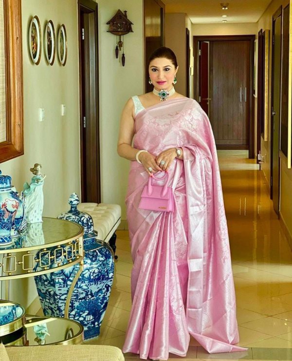 Pink Soft Lichi Silk Lace Work Border Saree