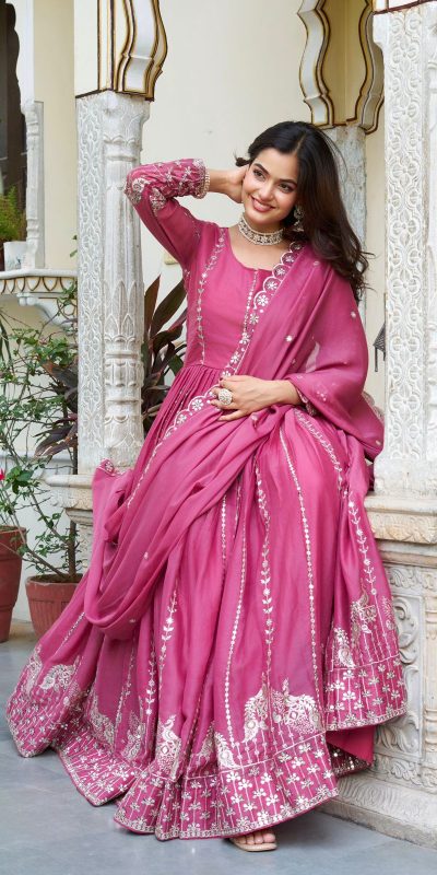Pink Star Georgette Embroidery Work Gown