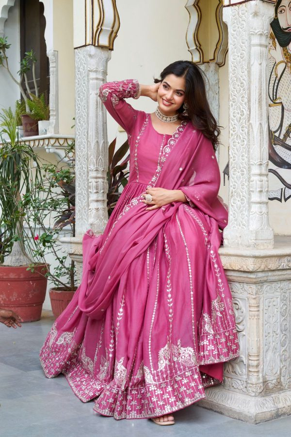 Pink Star Georgette Embroidery Work Gown