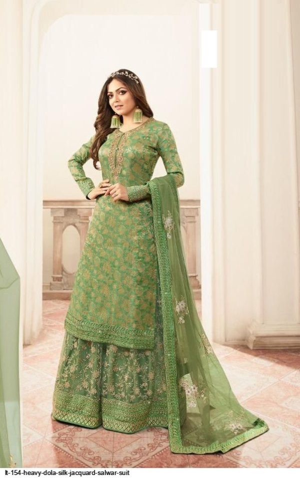 FC L.t 5401 Pista Color Jacquard Silk Georgette Diamond Sharara Suit Wedding, Party, Festive Expected Delivery 4-6 Working Days  @2999/- | Casual Suits, Jump Suits, Creative suits, Designer Suits, Palazzo Suits, Party Wear Suits, Patiala Suits, Salwar suit, Straight Suits
