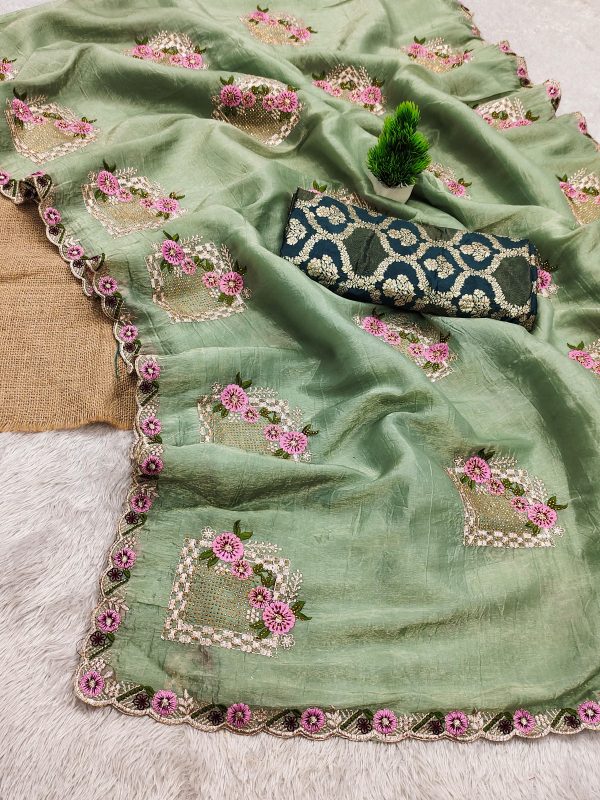 Pista Paper Silk Crush With Embroider Saree