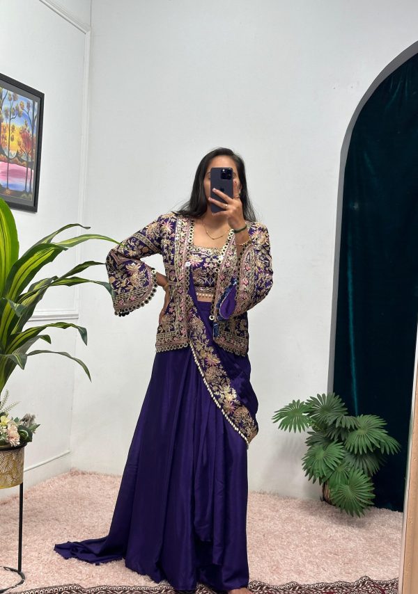 Purple Chinon Embroidery Lace Work Saree