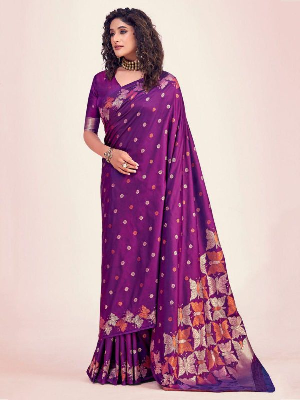 Purple Soft Lichi Silk Border Lace Work Saree