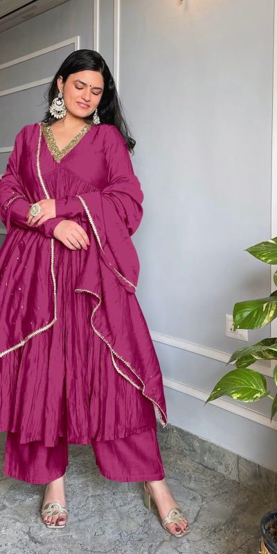 Rani Pink Chinon Silk Embroidery Gown