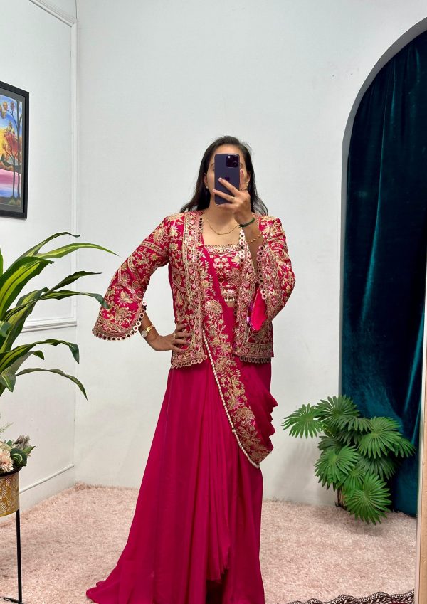 Red Chinon Embroidery Lace Work Saree