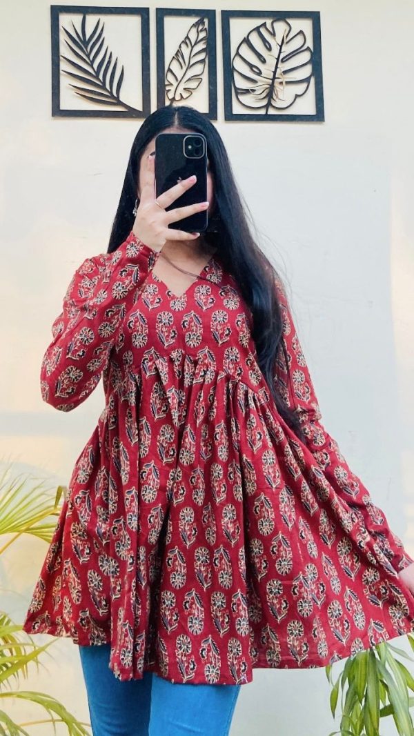 Red Cotton With Printed Kurti