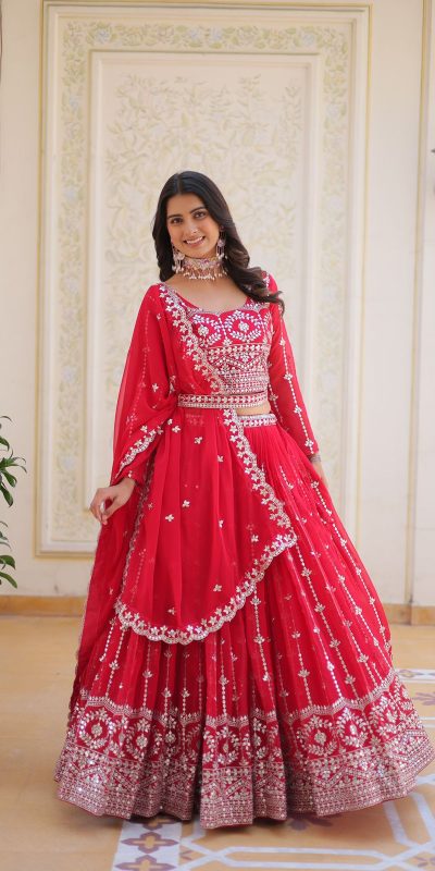 Ram 085 Red Color Fox Georgette Lehenga Choli with Embroidery Work. Grab it for ₹3049. Delivery 4-6 Working Days. Shop now. | Bollywood Lehenga, Creative Lehenga, Designer Lehenga, Embroidered Lehenga, Lehenga, Party Wear Lehenga