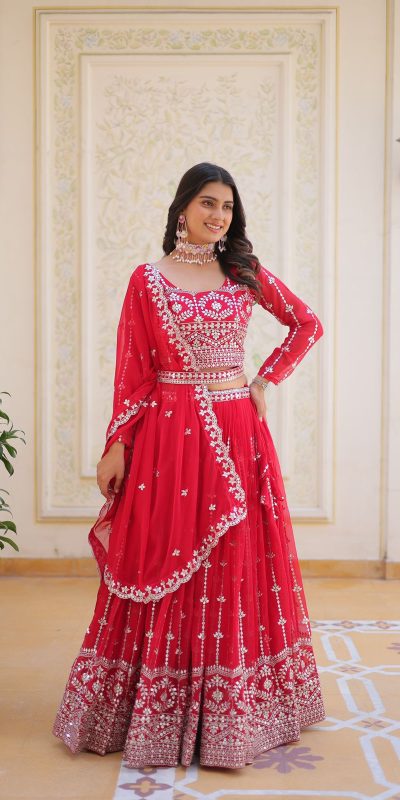 Ram 085 Red Color Fox Georgette Lehenga Choli with Embroidery Work. Grab it for ₹3049. Delivery 4-6 Working Days. Shop now. | Bollywood Lehenga, Creative Lehenga, Designer Lehenga, Embroidered Lehenga, Lehenga, Party Wear Lehenga