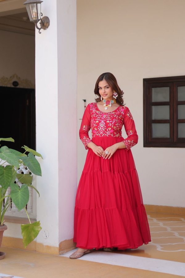 Red Fox Georgette With Embroidery Work Gown
