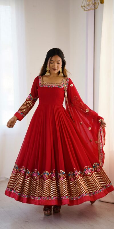 ZF 5010 Red Georgette Gown Perfect for Wedding, Party, Pooja, Ethnic Day, Karwa Chauth – . Best Price ₹2049. Delivery 4-6 Working Days. Shop now. | Casual Suits, Jump Suits, Creative suits, Designer Suits, Palazzo Suits, Party Wear Suits, Patiala Suits, Salwar suit, Straight Suits