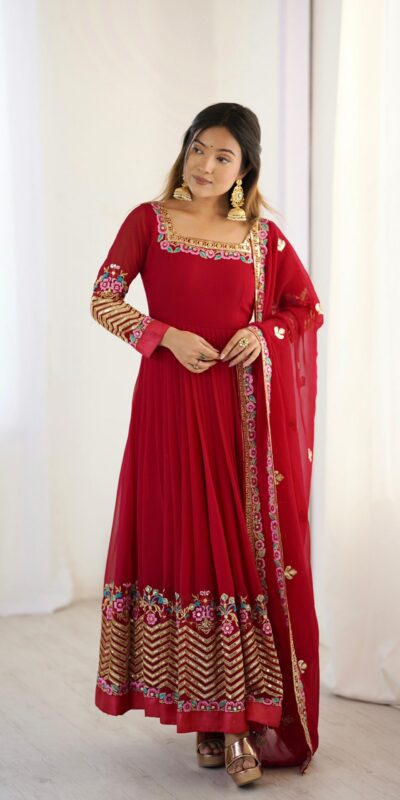 ZF 5010 Red Georgette Gown Perfect for Wedding, Party, Pooja, Ethnic Day, Karwa Chauth – . Best Price ₹2049. Delivery 4-6 Working Days. Shop now. | Casual Suits, Jump Suits, Creative suits, Designer Suits, Palazzo Suits, Party Wear Suits, Patiala Suits, Salwar suit, Straight Suits