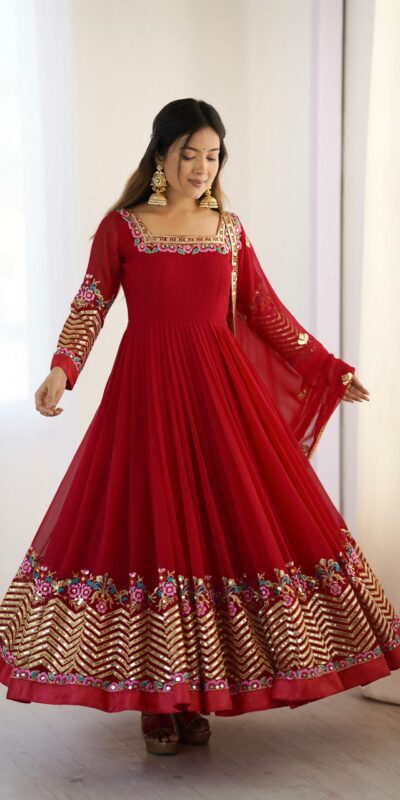 ZF 5010 Red Georgette Gown Perfect for Wedding, Party, Pooja, Ethnic Day, Karwa Chauth – . Best Price ₹2049. Delivery 4-6 Working Days. Shop now. | Casual Suits, Jump Suits, Creative suits, Designer Suits, Palazzo Suits, Party Wear Suits, Patiala Suits, Salwar suit, Straight Suits