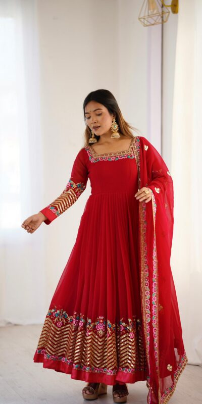 ZF 5010 Red Georgette Gown Perfect for Wedding, Party, Pooja, Ethnic Day, Karwa Chauth – . Best Price ₹2049. Delivery 4-6 Working Days. Shop now. | Casual Suits, Jump Suits, Creative suits, Designer Suits, Palazzo Suits, Party Wear Suits, Patiala Suits, Salwar suit, Straight Suits