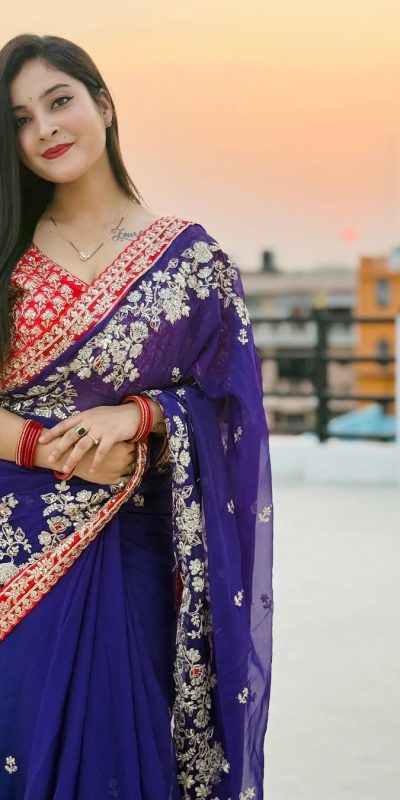 Royal Blue Georgette With Embroidery Work Saree