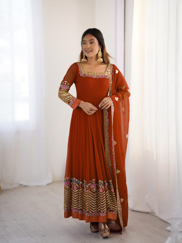 Rust Georgette Multi Thread Work Gown