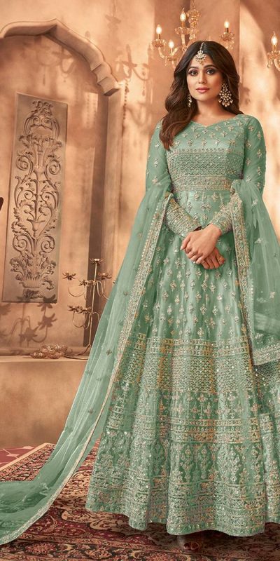 Sea Green Net Sequence Work Salwar Suit