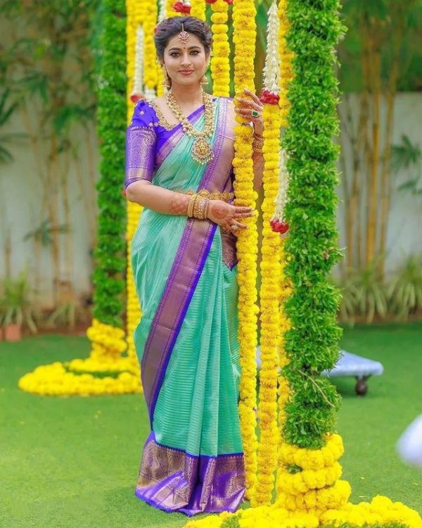 Sea Green Soft Lichi Silk With Lace Work Saree