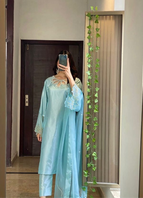 Sky Blue Moss Satin Embroidery Bead Work Salwar Suit