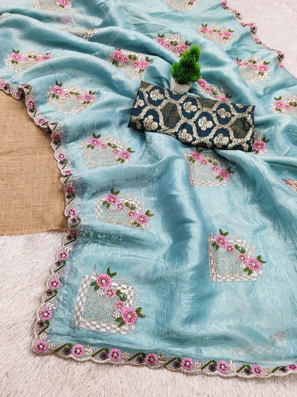 Sky Blue Paper Silk Crush With Embroider Saree