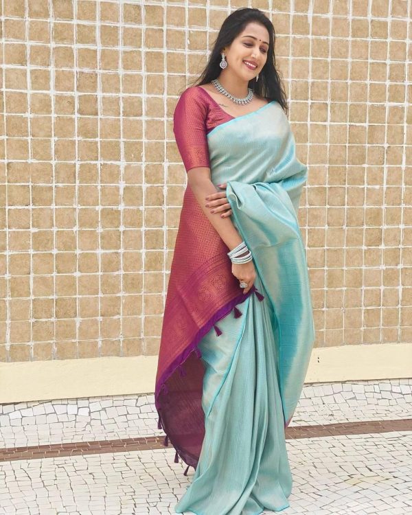 Sky Blue Soft Lichi Silk Lace Work Border Saree