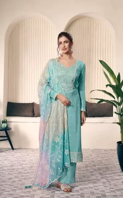 FC 73591 Sky Blue Vichitra Salwar Suit with Digital Print & Embroidery Work. Available at ₹2599 only. Delivery 4-6 Working Days. Shop now. | Casual Suits, Jump Suits, Creative suits, Designer Suits, Palazzo Suits, Party Wear Suits, Patiala Suits, Salwar suit, Straight Suits