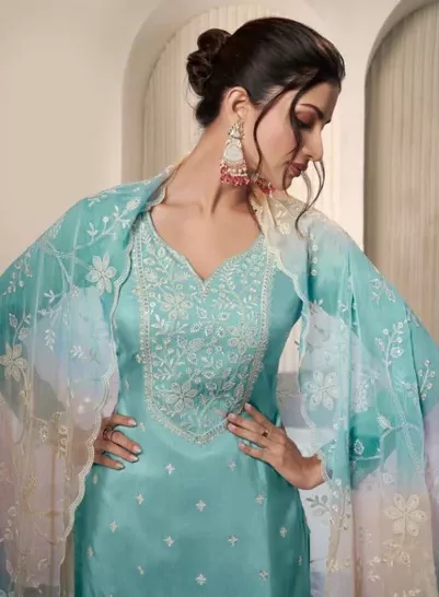 FC 73591 Sky Blue Vichitra Salwar Suit with Digital Print & Embroidery Work. Available at ₹2599 only. Delivery 4-6 Working Days. Shop now. | Casual Suits, Jump Suits, Creative suits, Designer Suits, Palazzo Suits, Party Wear Suits, Patiala Suits, Salwar suit, Straight Suits