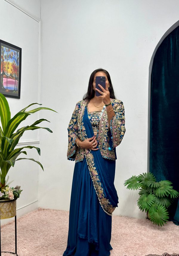 Teal Chinon Embroidery Lace Work Saree