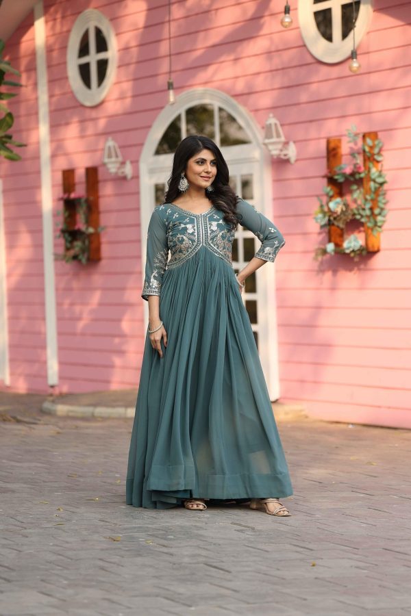 Teal Fox Georgette With Sequence Work Gown