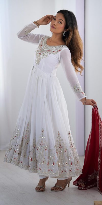 ZF 5008 White Georgette Gown with Embroidery Work. Wedding, Party, Festive, Events, Special Price ₹2049. Delivery 4-6 Working Days. Shop now. | Casual Suits, Jump Suits, Creative suits, Designer Suits, Palazzo Suits, Party Wear Suits, Patiala Suits, Salwar suit, Straight Suits