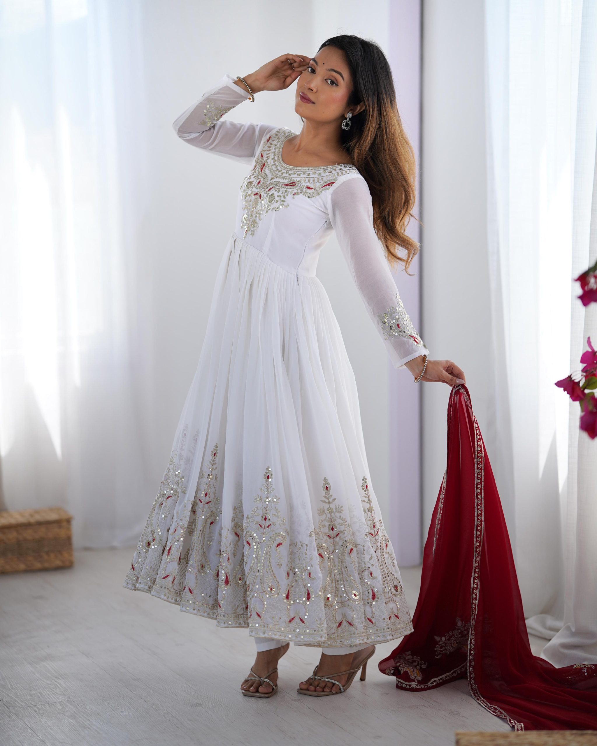 ZF 5008 White Georgette Gown with Embroidery Work. Wedding, Party, Festive, Events, Special Price ₹2049. Delivery 4-6 Working Days. Shop now. | Casual Suits, Jump Suits, Creative suits, Designer Suits, Palazzo Suits, Party Wear Suits, Patiala Suits, Salwar suit, Straight Suits