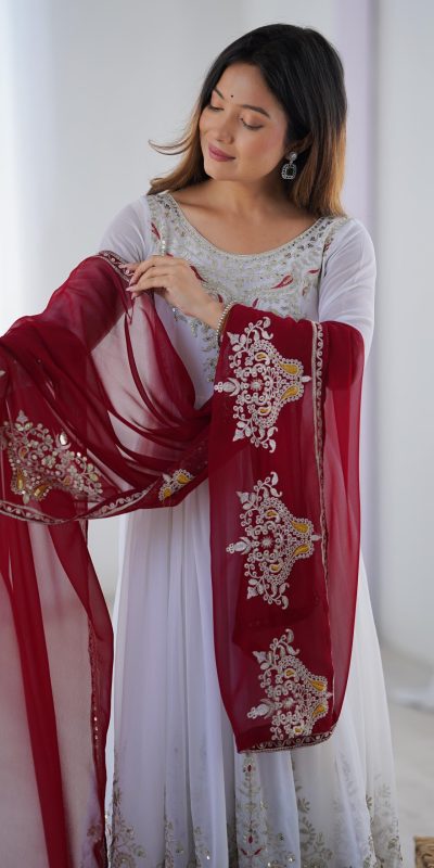 ZF 5008 White Georgette Gown with Embroidery Work. Wedding, Party, Festive, Events, Special Price ₹2049. Delivery 4-6 Working Days. Shop now. | Casual Suits, Jump Suits, Creative suits, Designer Suits, Palazzo Suits, Party Wear Suits, Patiala Suits, Salwar suit, Straight Suits