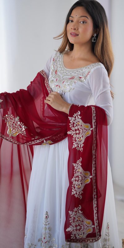 ZF 5008 White Georgette Gown with Embroidery Work. Wedding, Party, Festive, Events, Special Price ₹2049. Delivery 4-6 Working Days. Shop now. | Casual Suits, Jump Suits, Creative suits, Designer Suits, Palazzo Suits, Party Wear Suits, Patiala Suits, Salwar suit, Straight Suits