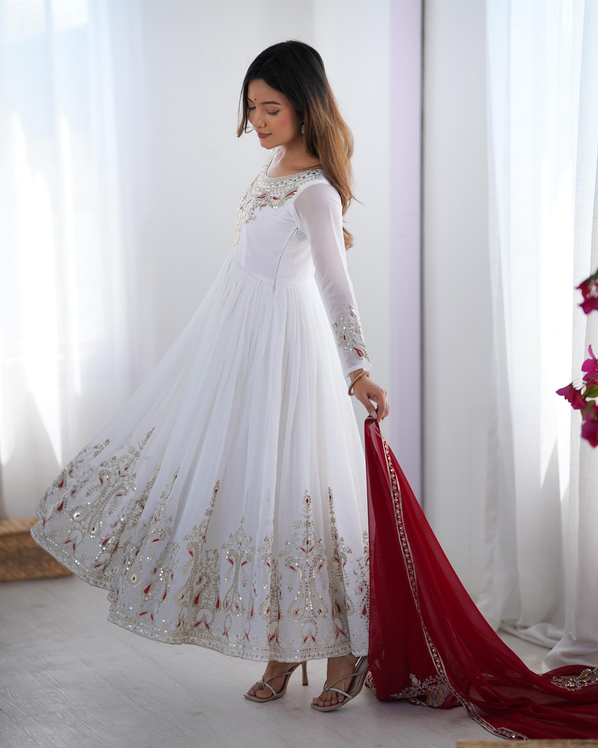 ZF 5008 White Georgette Gown with Embroidery Work. Wedding, Party, Festive, Events, Special Price ₹2049. Delivery 4-6 Working Days. Shop now. | Casual Suits, Jump Suits, Creative suits, Designer Suits, Palazzo Suits, Party Wear Suits, Patiala Suits, Salwar suit, Straight Suits