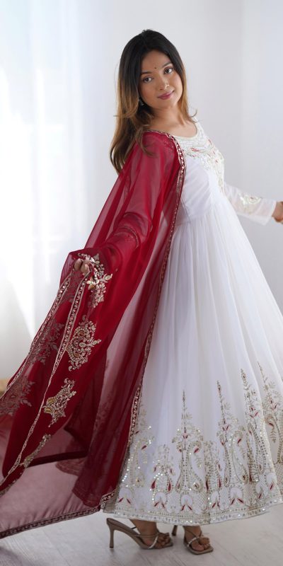 ZF 5008 White Georgette Gown with Embroidery Work. Wedding, Party, Festive, Events, Special Price ₹2049. Delivery 4-6 Working Days. Shop now. | Casual Suits, Jump Suits, Creative suits, Designer Suits, Palazzo Suits, Party Wear Suits, Patiala Suits, Salwar suit, Straight Suits