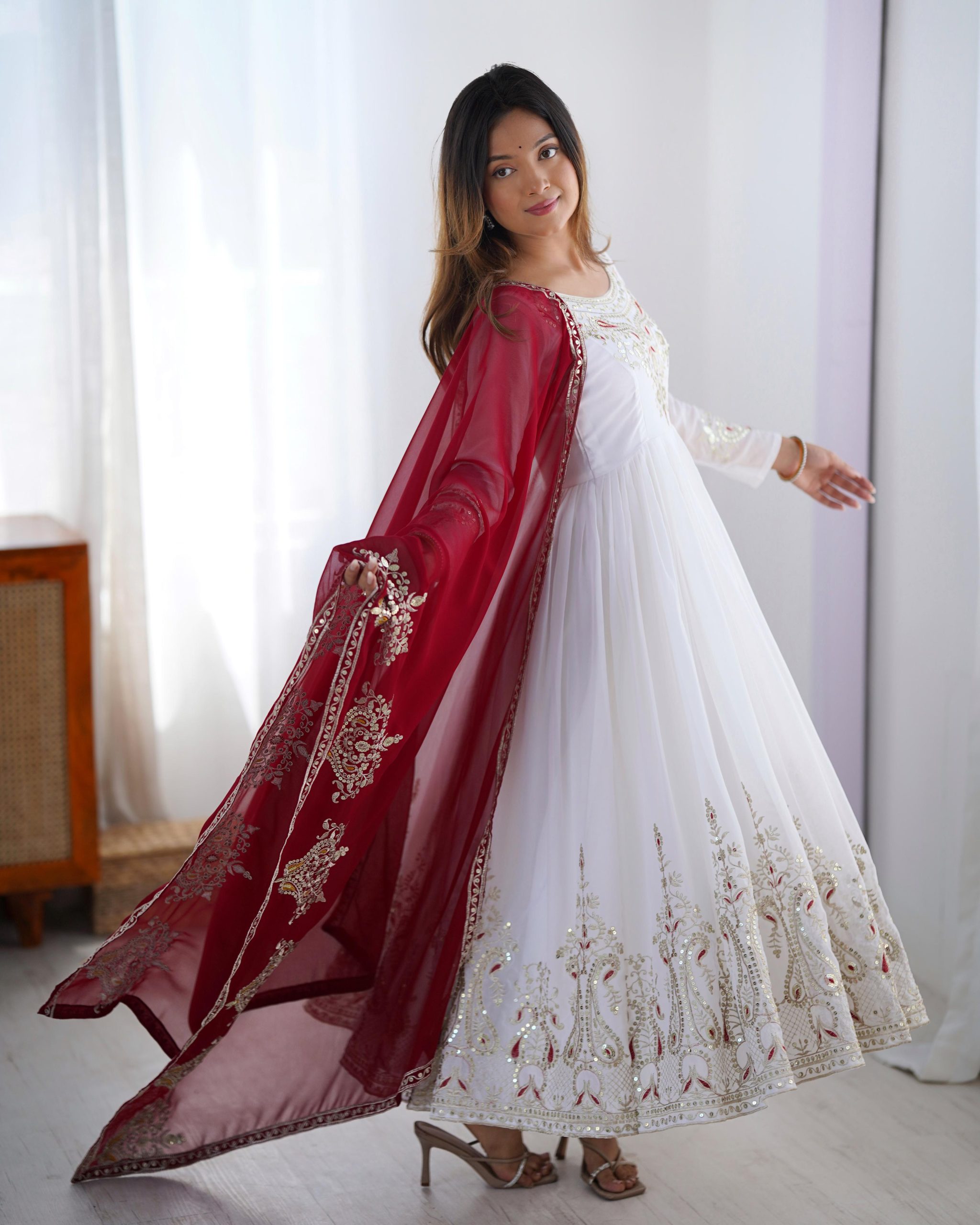 ZF 5008 White Georgette Gown with Embroidery Work. Wedding, Party, Festive, Events, Special Price ₹2049. Delivery 4-6 Working Days. Shop now. | Casual Suits, Jump Suits, Creative suits, Designer Suits, Palazzo Suits, Party Wear Suits, Patiala Suits, Salwar suit, Straight Suits
