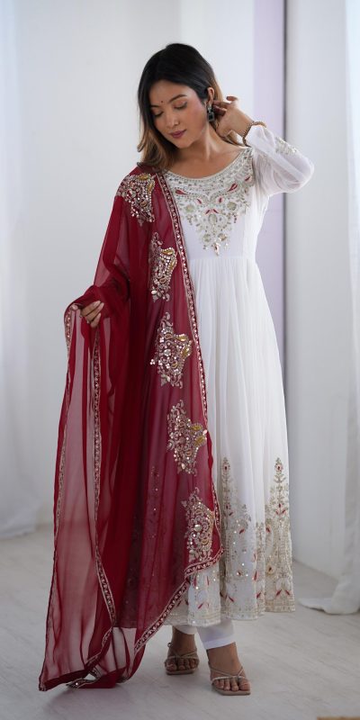 ZF 5008 White Georgette Gown with Embroidery Work. Wedding, Party, Festive, Events, Special Price ₹2049. Delivery 4-6 Working Days. Shop now. | Casual Suits, Jump Suits, Creative suits, Designer Suits, Palazzo Suits, Party Wear Suits, Patiala Suits, Salwar suit, Straight Suits