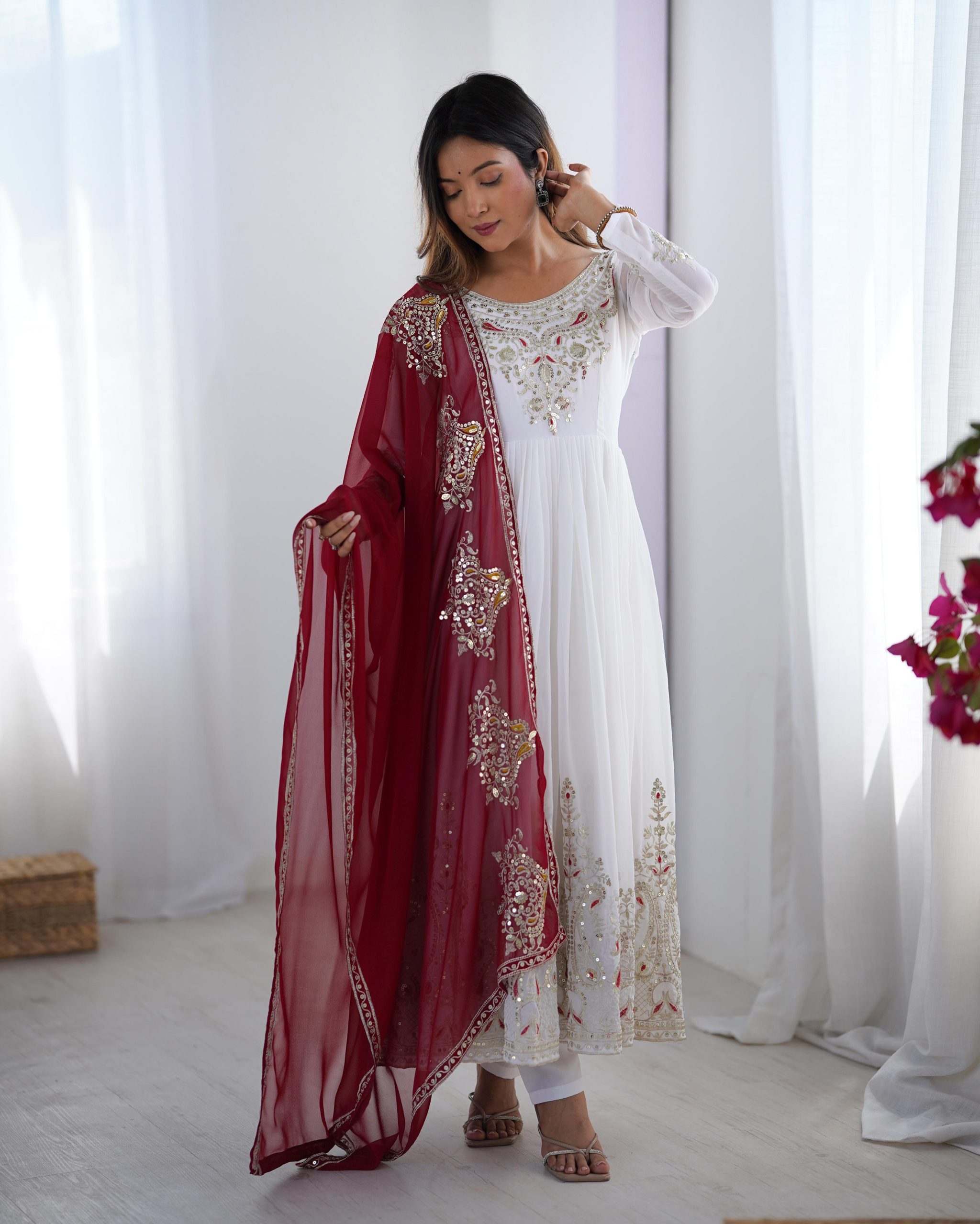 ZF 5008 White Georgette Gown with Embroidery Work. Wedding, Party, Festive, Events, Special Price ₹2049. Delivery 4-6 Working Days. Shop now. | Casual Suits, Jump Suits, Creative suits, Designer Suits, Palazzo Suits, Party Wear Suits, Patiala Suits, Salwar suit, Straight Suits