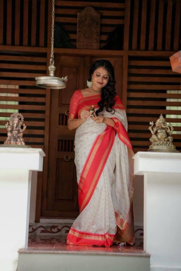White Lichi Silk Lace Work Saree