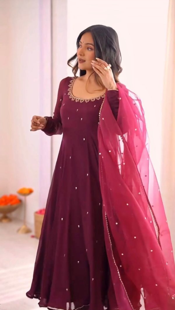 Wine Fox Georgette Embroidery Bead Work Gown