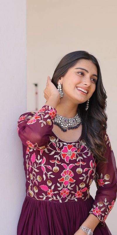 Ram 082 Wine Fox Georgette Gown Perfect for Wedding, Party, Sangeet, Durga Puja, Reception – . Grab it for ₹1849. Delivery 4-6 Working Days. Shop now. | Casual Suits, Jump Suits, Creative suits, Designer Suits, Palazzo Suits, Party Wear Suits, Patiala Suits, Salwar suit, Straight Suits